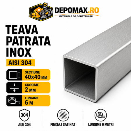 Teava patrata inox satinata AISI 304, 40 x 40 x 2 mm, 6 metri